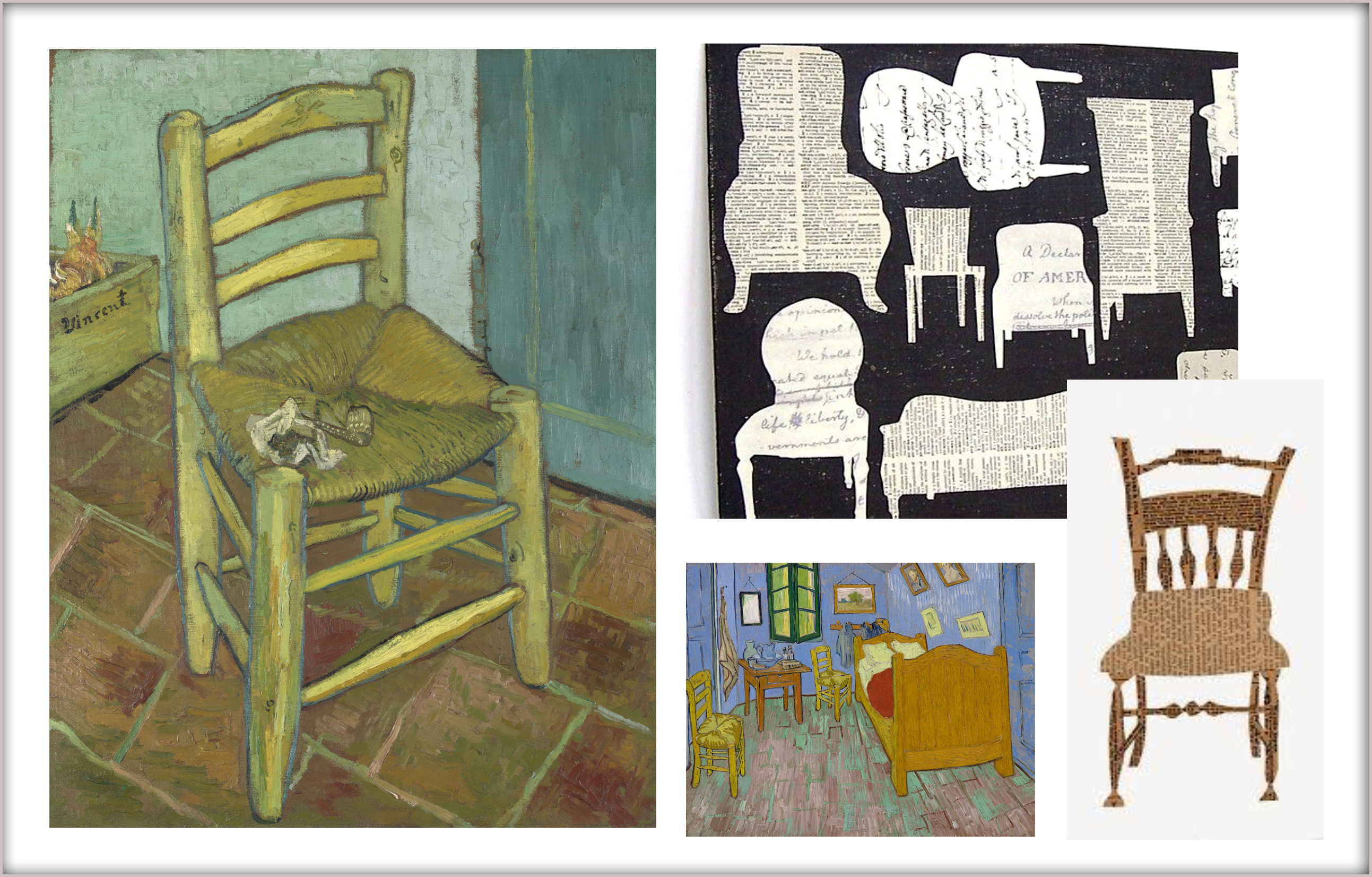 Van Gogh chair paintings as well as print and collage art pieces inspired by paintings