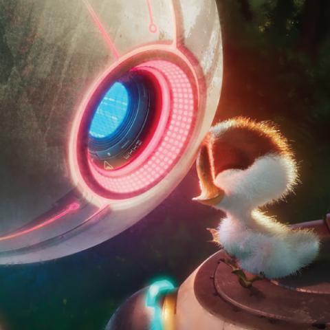 Close up of the Robot with baby chick - illustration