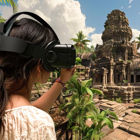 person traveling using virtual reality