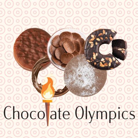 Olympic rings with chocolate treats with torch and text