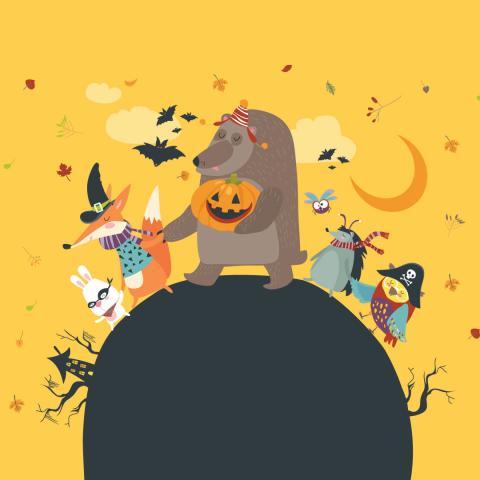 Illustration of animals dressed up in costumes holding hands