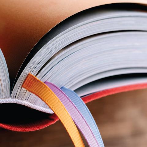 Photo - up close of book spine with colorful fabric bookmarks