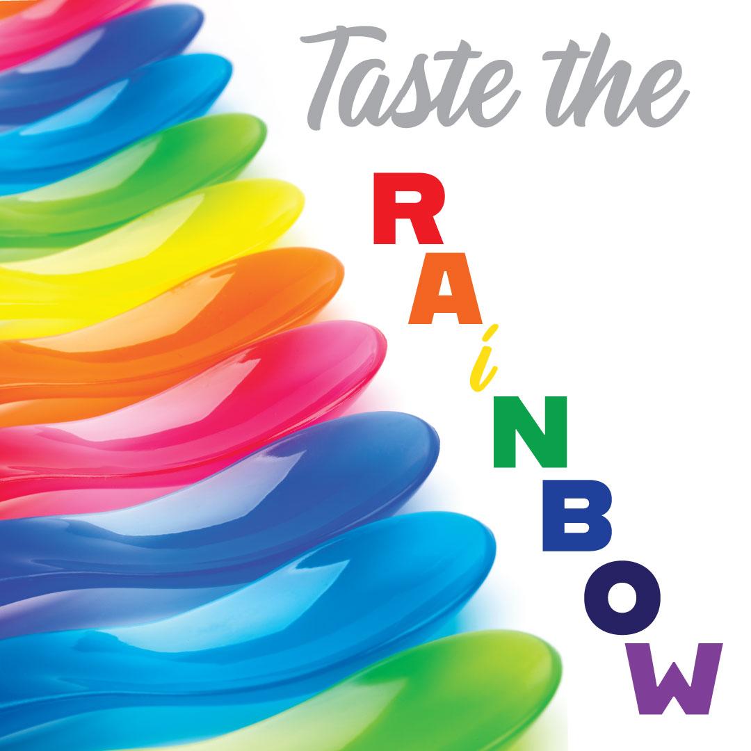 Colorful Spoons with text Taste the Rainbow