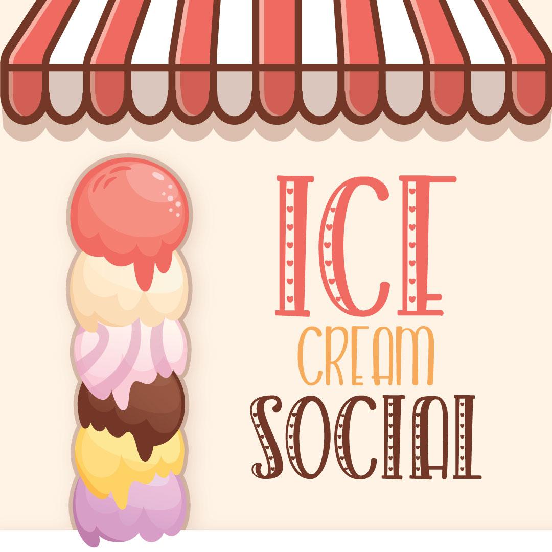 Ice Cream Social text wit illustration of ice cream scoops