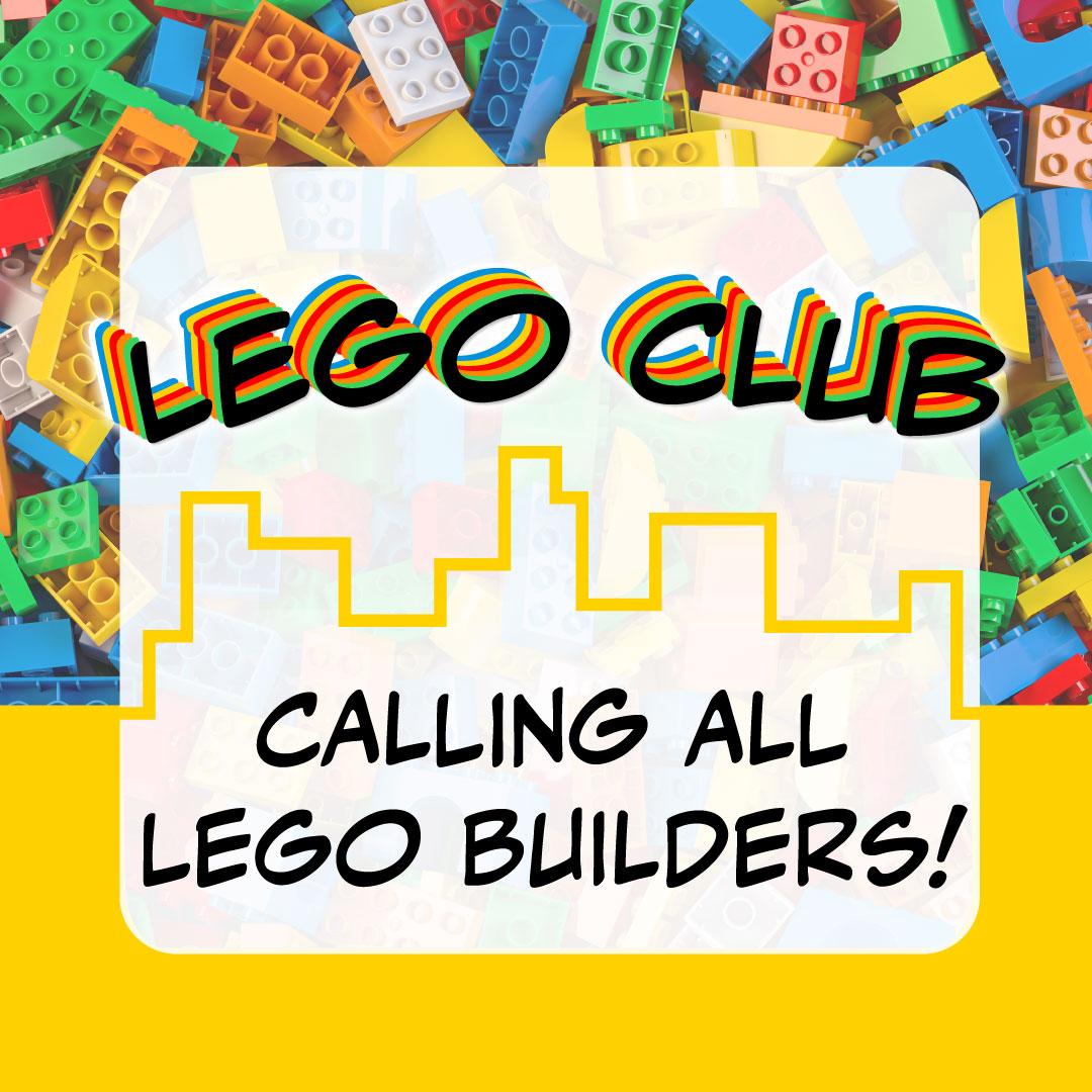 Lego Club logo with Lego bricks and yellow border in background