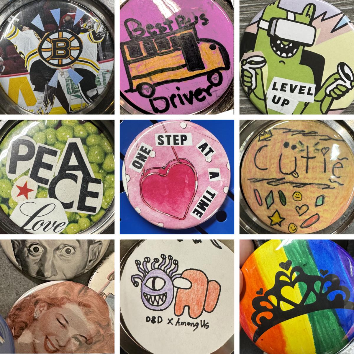 various buttons with dranw and collaged images 